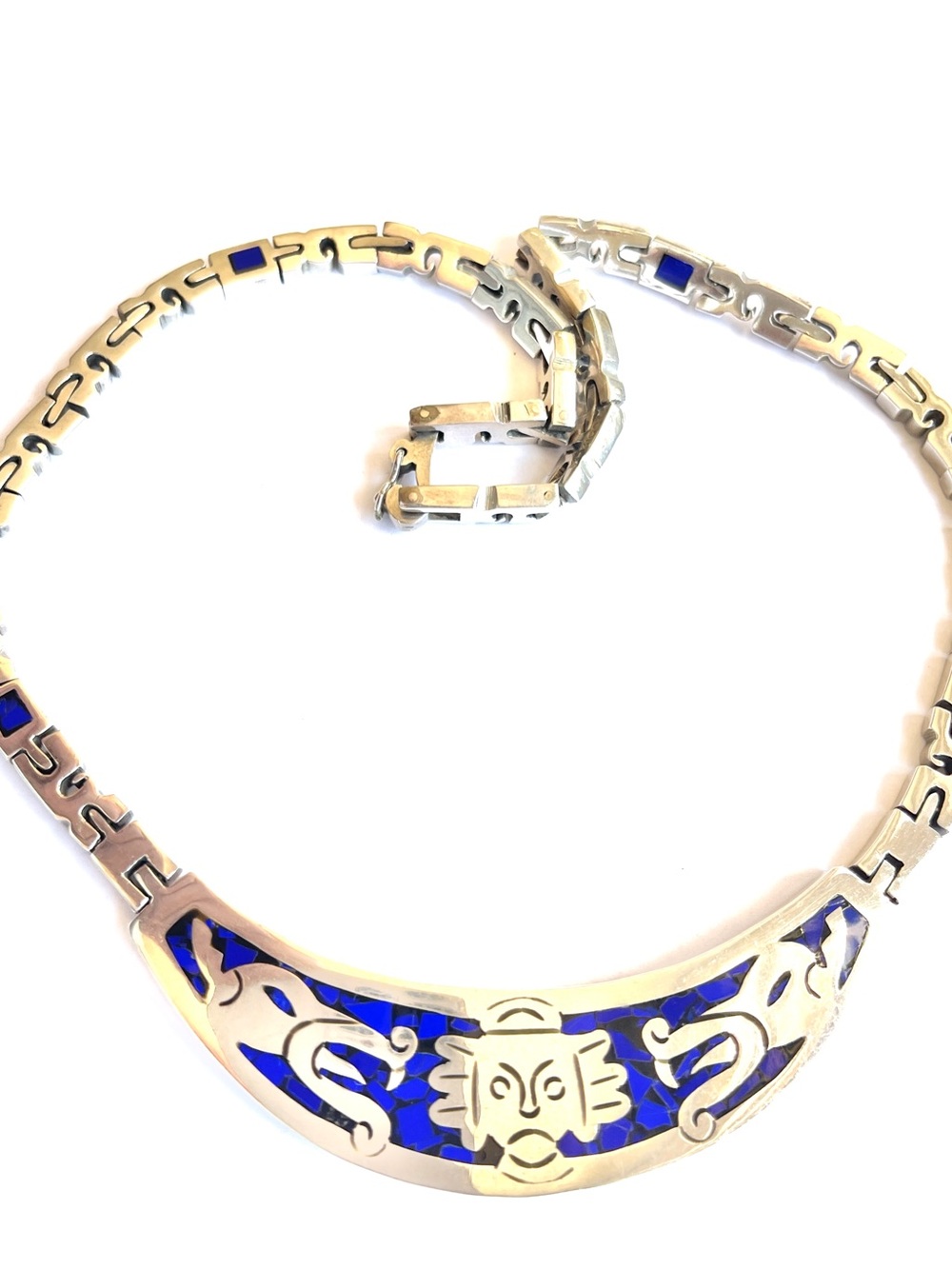 Vintage Taxco Mexico 950 Sterling Silver Blue Lapis Inlay Modernist Necklace 98g
